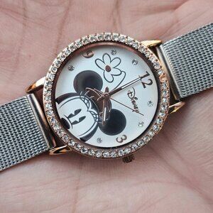 Disney Accutime Wristwatch Silver Tone Mesh Metal Strap Gemstone Bezel Watch